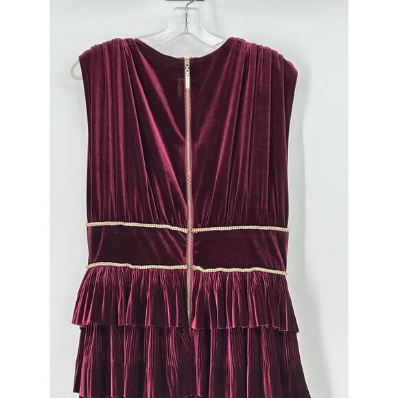 NWT Bronx & Banco Burgundy Velvet Tiered Maxi Gown XL US10 Gold Trim Pleated - Picture 8 of 16